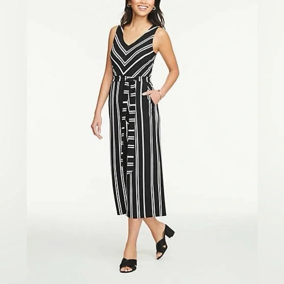 Ann Taylor Black & White Striped Tie Waist Wide Leg Cropped Jumpsuit | Size S - Picture 1 of 9
